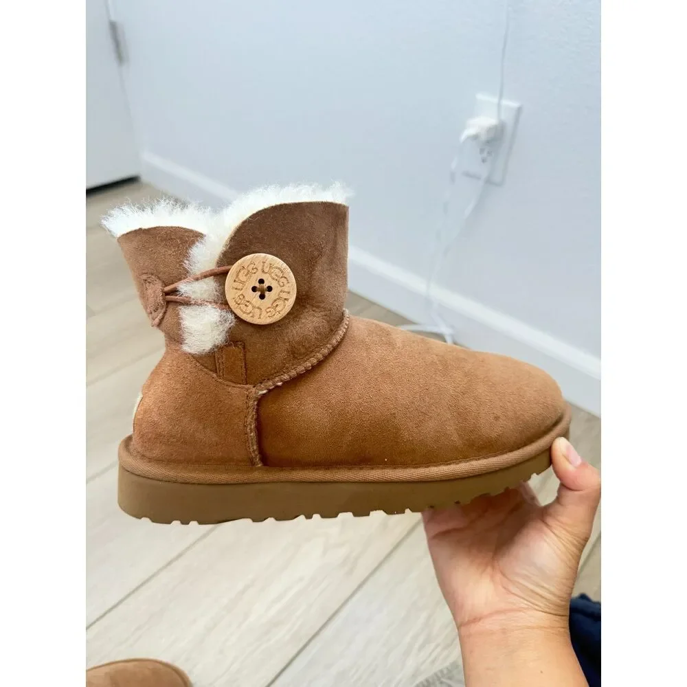UGG Women's Mini Bailey Button II Chestnut Suede Shearling Boots